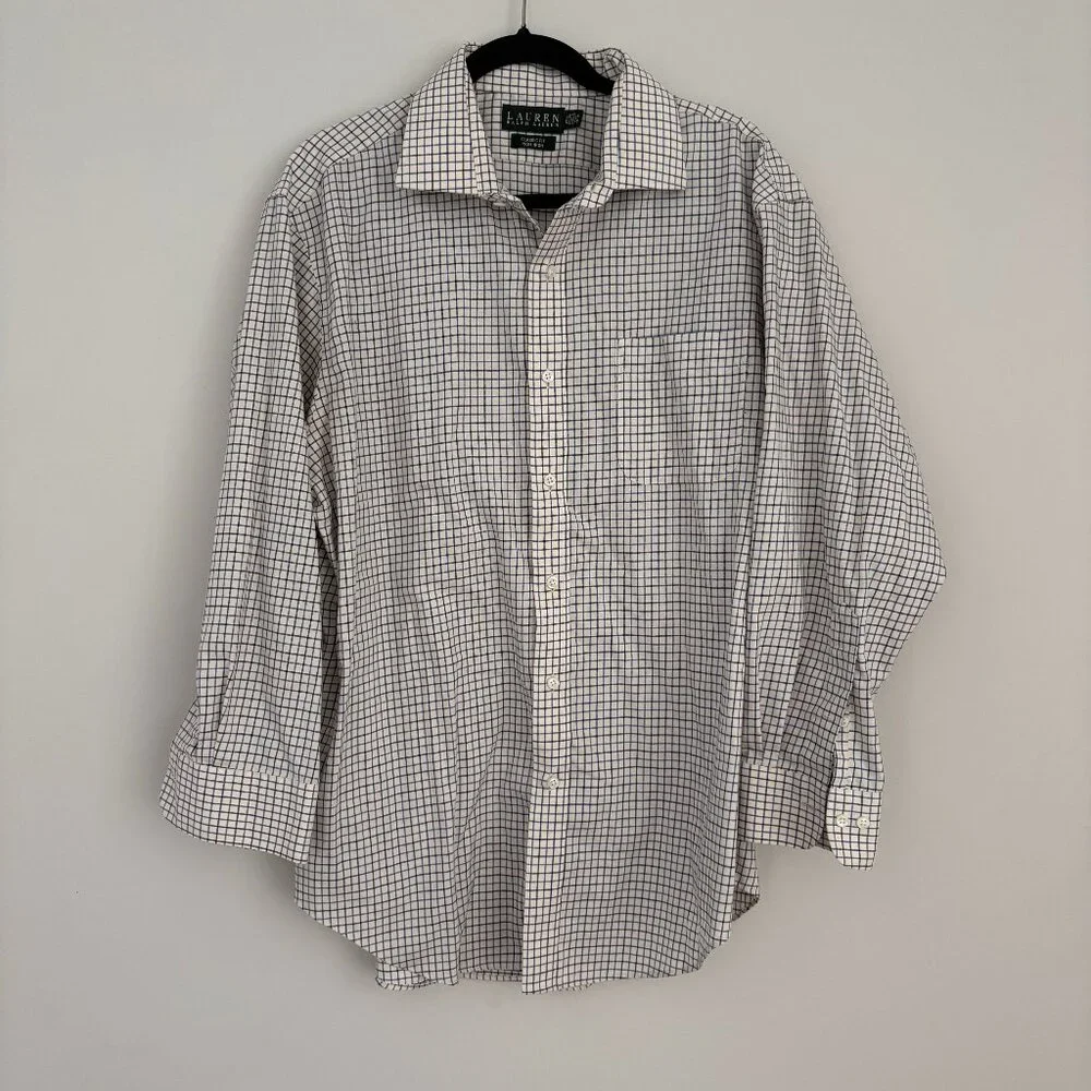 Lauren Ralph Lauren Classic Non-Iron Shirt Blue Off White Grid Check 17.5 32/33 - Picture 2 of 7